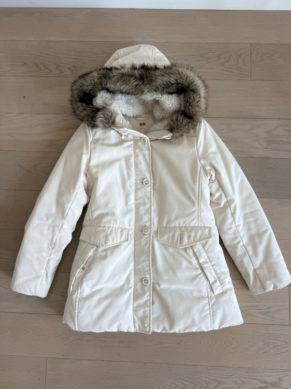 Uniqlo Cream Hooded Puffer Coat with Faux Fur Trim